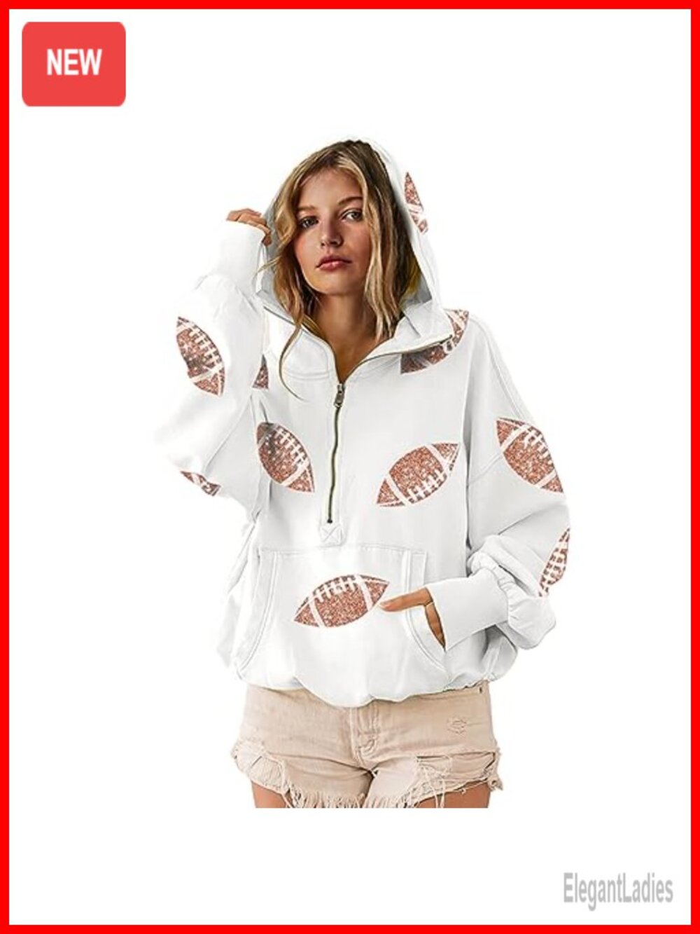 Sequin Football Hoodie Sweatshirt Half Zip Kangaroo Pocket Oversized
